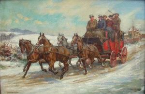 Byles, Oil On Canvas,coaching In Winter, A Coach And Four Driven Through The Snow, 20insx 30ins