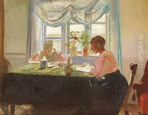 Lektielaesning ved vinduet.