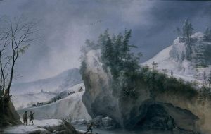 Paysage de neige avec rochers et voyageurs