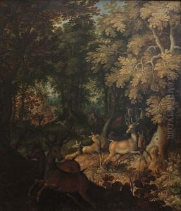 Chasse au cerf dans une foret by Roelant Savery