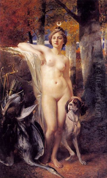 Diana with her dog in the clear of a forest - view 1