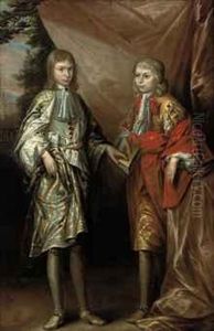 Portrait Of Two Boys, Full-length, One Holding A Book, In A Garden by Robert Byng or Bing