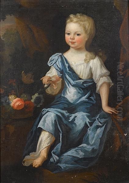 Portrait Of A Young Girl, Seated Full-length, In A White Chemise And A Blue Wrap, With A Basket Of Flowers - view 1