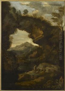 Paysage avec un rocher formant arcade et trois figures by Salvator Rosa