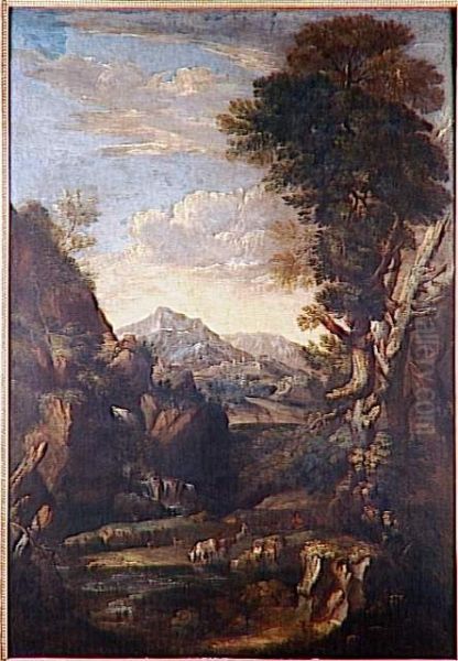 Paysage avec une cascade et un patre gardant un troupeau - view 1