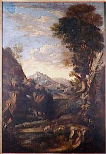 Paysage avec une cascade et un patre gardant un troupeau by Salvator Rosa