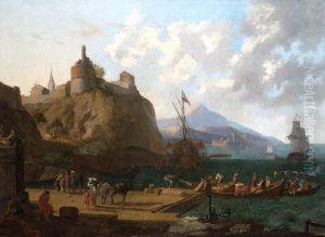 A mediterranean harbour scene with numerous figures on a que beneath a fort by Adriaen Van Der Cabel