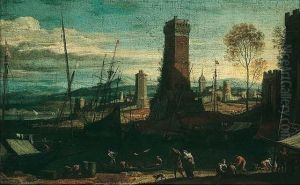 A mediterranian harbour scene by Adriaen Van Der Cabel