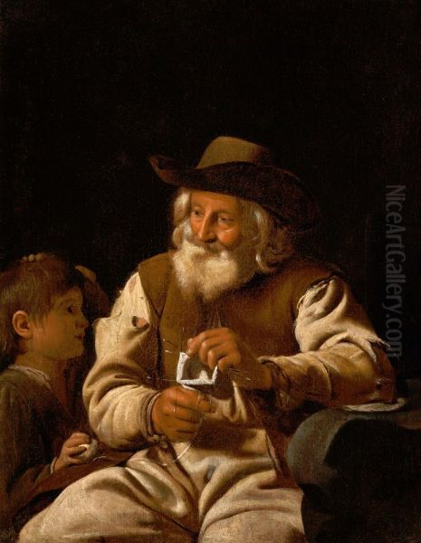 An old man knitting with a boy by his side - view 1