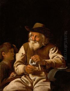 An old man knitting with a boy by his side