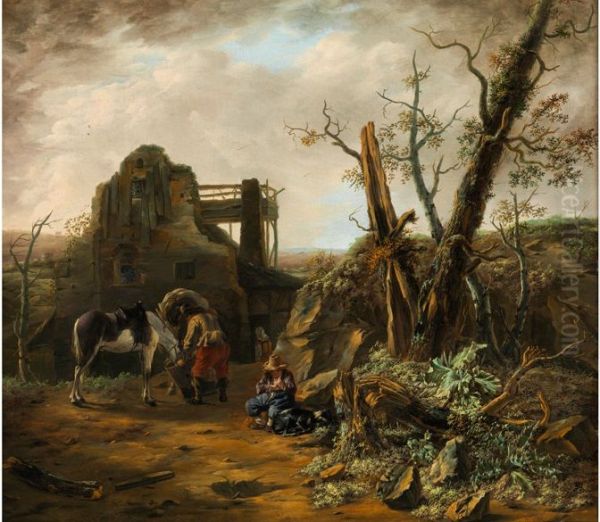 Rustende reizigers bij een ruine - view 1