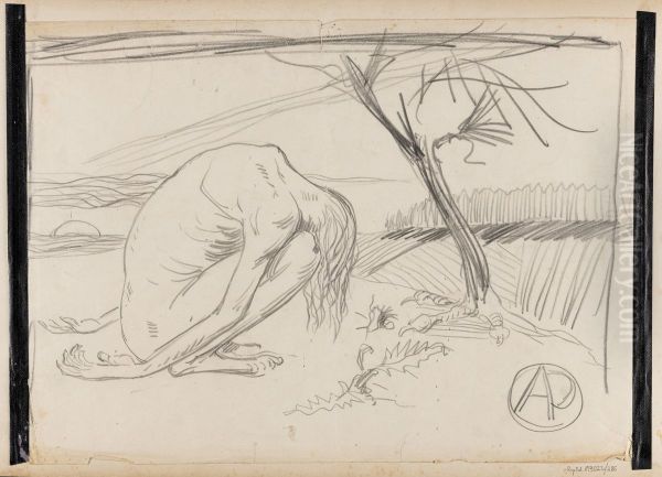 A huddled figure in a fantastic landscape - view 1