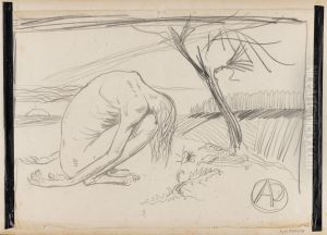 A huddled figure in a fantastic landscape by Stanislaw Ignacy Witkiewicz (Witkacy)