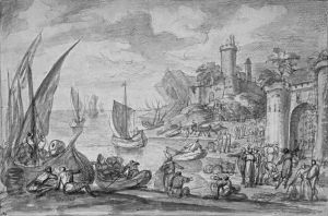 A port, dominated by a fortress by Adriaen Van Der Cabel