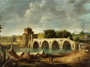 View of the Ponte Milvio with Boats and Travellers by unknown