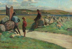 Sommerparti fra Agernaes med drenge ved et stengaerde by Ingeborg Rode