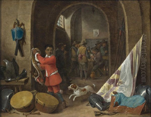 Interior of a guardroom with a black servant near a still life of a saddle, a banner, drums and cuirasses; soldiers playing cards in the background - view 1