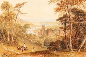 Family Picnicking Before Chepstow Castle, With Distant Ships On The River Beyond