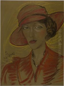 Asymmetric Lady - Portrait of Eugenia Wyszomirska-Kuznicka - Red hat by Stanislaw Ignacy Witkiewicz (Witkacy)