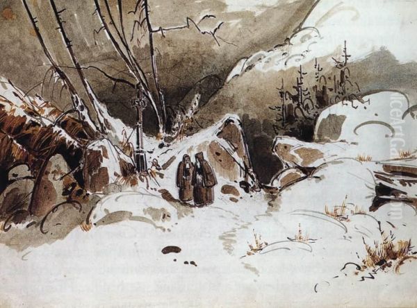 Alpine Pass in Winter with Monks - view 1