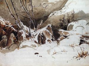 Alpine Pass in Winter with Monks by Carl Blechen