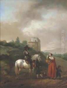 Landschap met een ruiter in gesprek met een vrouw