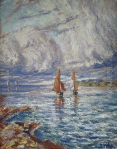 Estuaire avec voiliers sous un ciel nuageux