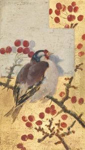 A goldfinch on the branch of a cherrry tree
