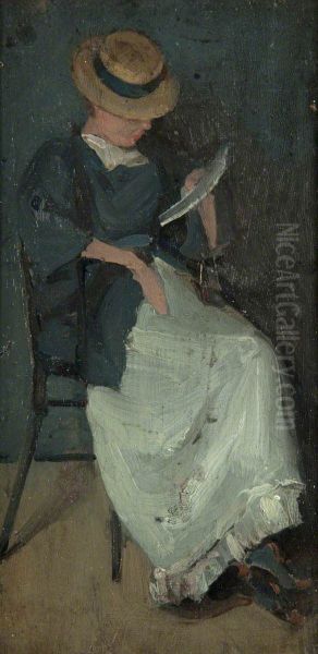 Woman in a straw hat reading a letter - view 1