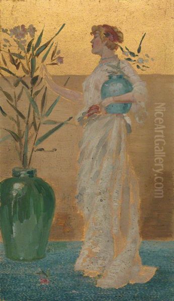 Draped figure with a vase of flowers - view 1
