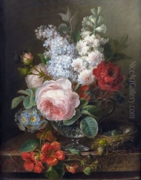 Bouquet of flowers in a glass of waterFrancais:Vase de fleurs avec nidItaliano:Vaso di fiori con nido - view 1