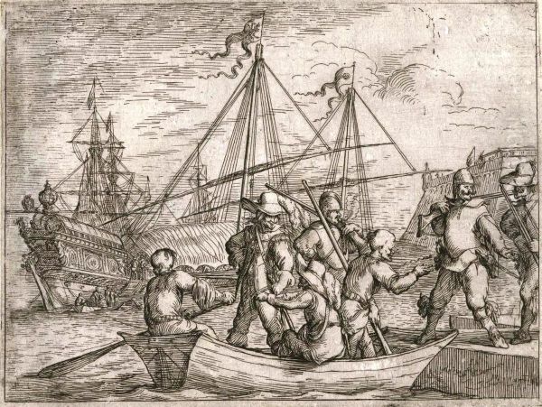 Men reach shore on boat - view 1