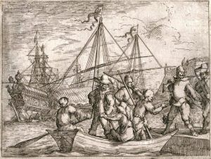 Men reach shore on boat by Johann Wilhelm Baur