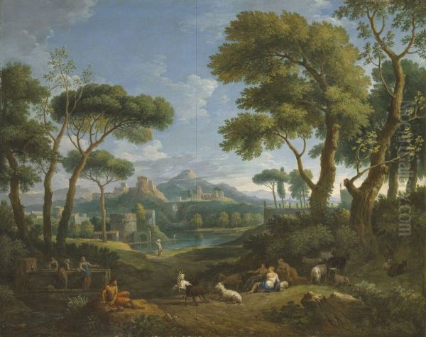 Arcadian landscape with shepherds and shepherdesses - view 1
