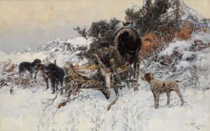 Hunter on a Horse-Drawn Cart with a Slain Deer, Escorted by Hunting Dogs in a Snowy Landscape by Jaroslav Vesin