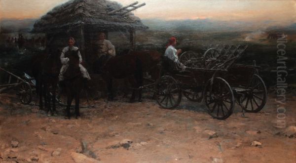 Travelers at dusk - view 1