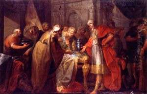 El rey Ezequias haciendo ostentacion de sus riquezas ante los legados del rey de Babilonia by Vicente Lopez Portana