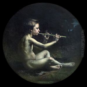 Country flute playerFrancais:Joueur de flute champetreItaliano:Suonatore di flauto in un campo by Francois-Alfred Delobbe