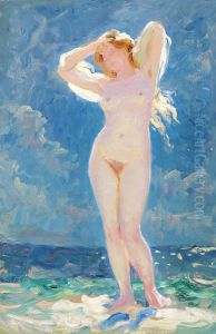 A bathing nymph. by Laurits Tuxen