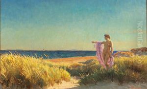 Young woman at Skagen beach. by Laurits Tuxen