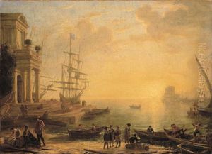 A capriccio of an Italianate harbour at sunset