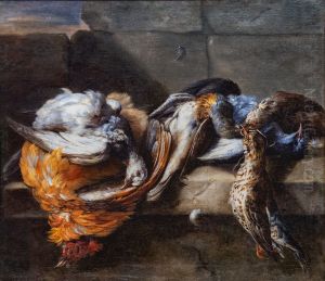 Feathered game on a stone ledge.Francais:Gibier de plumes sur un rebord de pierreItaliano:Selvaggina su una flangia pietra. by Nicasius Bernaerts