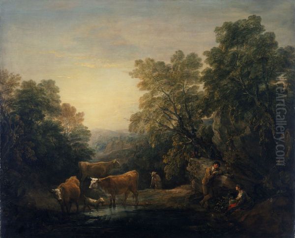 Rocky Wooded Landscape with Rustic Lovers, Herdsman, and Cows - view 1