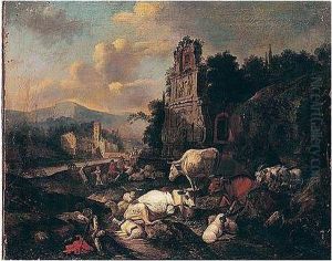 A Landscape With Drovers, Cattle And Sheep Resting Before A Classical Fountain A Landscape With Drovers, Cattle And Sheep Resting Before A Classical Fountain