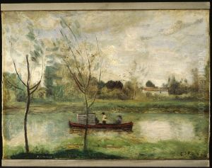 Daubigny working on his "Botin" near Auvers-sur-Oise by Jean-Baptiste Camille Corot