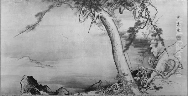 Cranes and Pine Trees in a Landscape - view 1