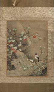 Bird, Flowers, and Fruit by a Waterfall
