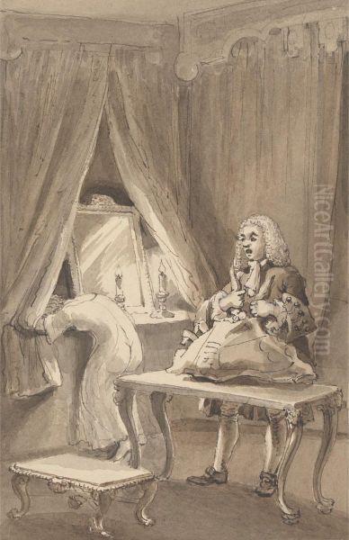 Hogarth After His Wife had Put on a New Night Shirt, Ties up Her Things to Send to Sir James Thornhill with a Letter in Which He Told Him, 'He took His Daughter Without a Smock to Her A--e - view 1