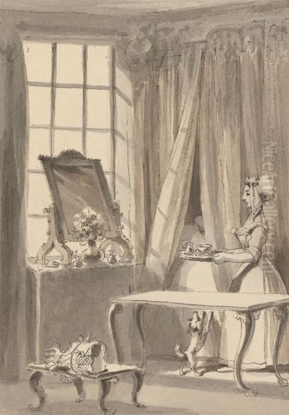 Hogarth Has Made Breakfast and Sends up a Cup to His Wife at the Same Time Ordering the Little Dog to be Admitted to her Mistress's Bedchamber - view 1