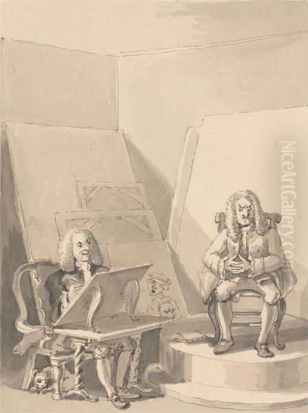 Hogarth Making up a Portrait of H. Fielding, for a Bookseller, from the Features of Garrick Who Borrowed One of the Author's Wigs for the Particular Purpose There Being No Genuine Portrait of Him - view 1